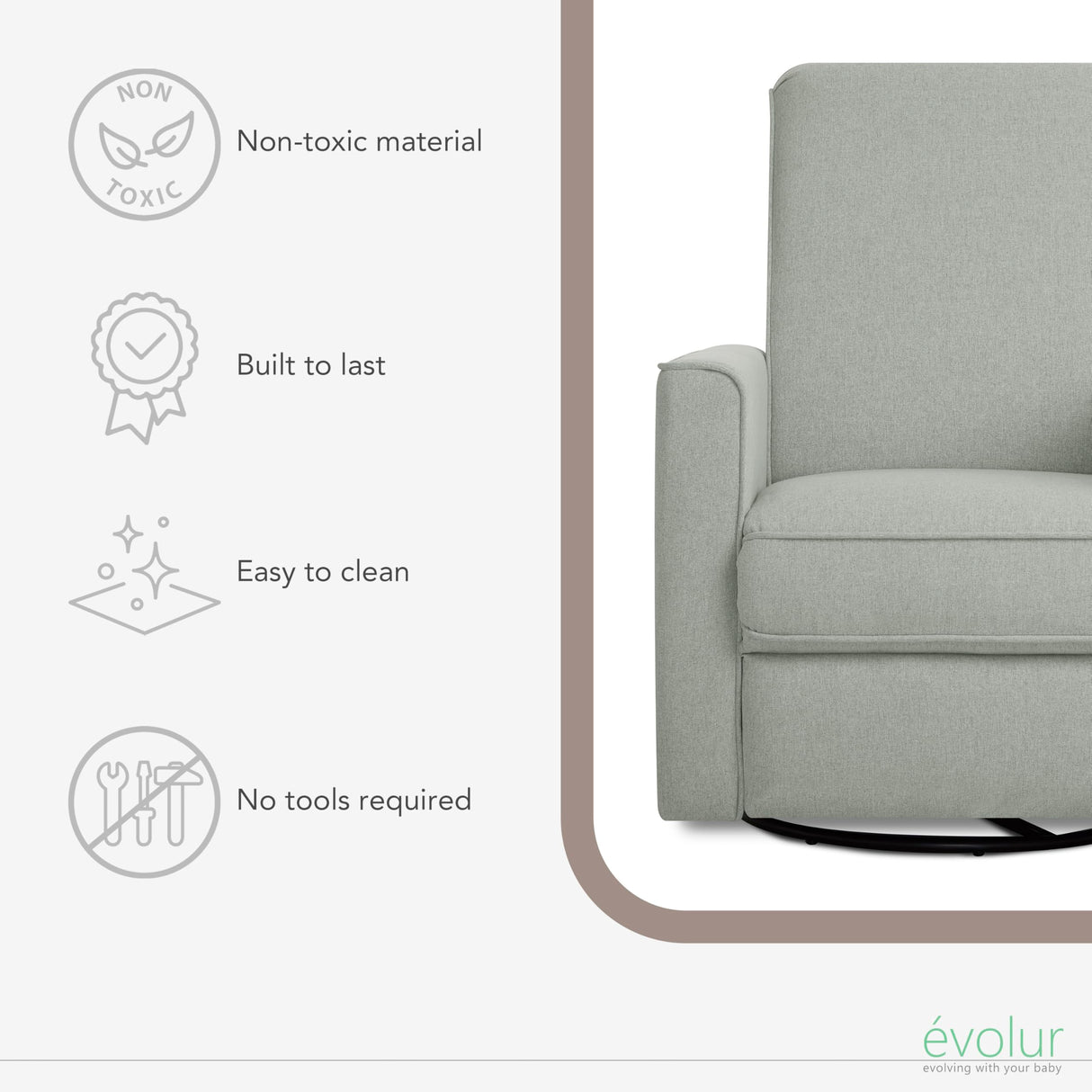 Evolur Harlow Upholstered Power Glider Recliner with USB Charging – Rocking & 360° Swivel with Smooth Glide – Greenguard Gold & FSC Certified – Modern Nursery and Living Room Chair in Light Grey Evolur