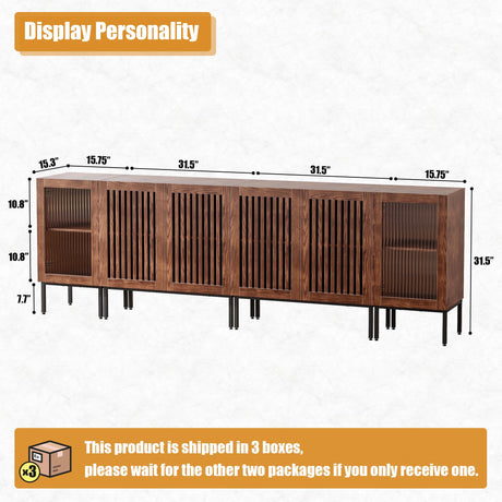 BVIUNTWO Farmhouse TV Stand for TVs up to 100 Inch, Entertainment Center TV Console with Storage Cabinets and Glass Doors,Media Console for Living Room,Brown BVIUNTWO