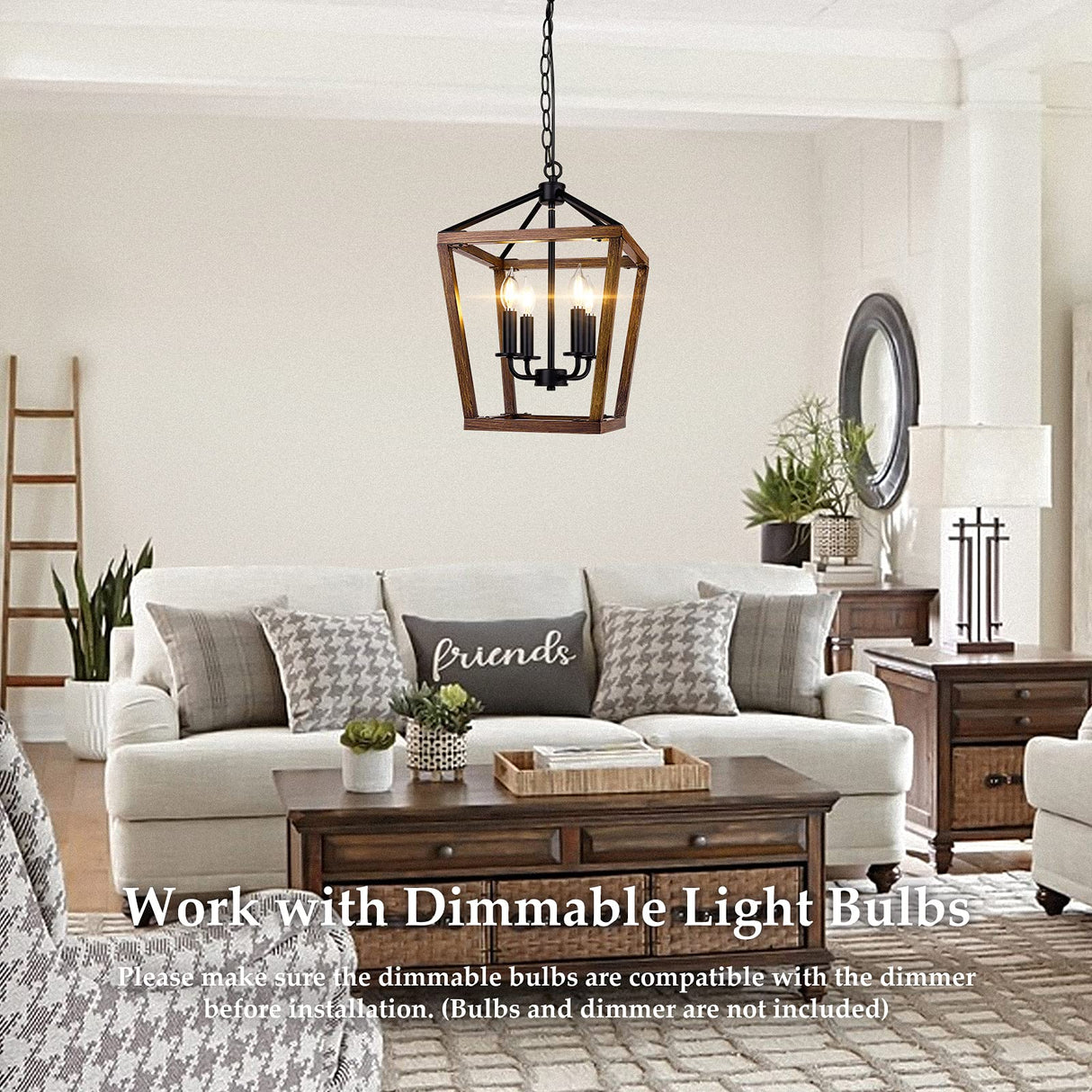 Farmhouse Chandelier Light Fixture for Kitchen Dining Room, 4-Light Rustic Pendant Hanging Ceiling Light Height Adjustable in Oak Wood Finish, Cage Lantern Lighting with E12 Base for Hallway Foyer BrightHome