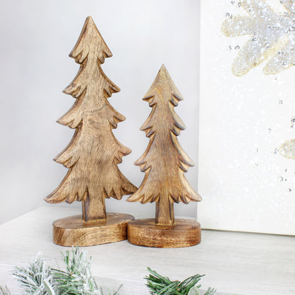 AuldHome Wooden Christmas Trees (Set of 2, Natural); Tabletop Handmade Wood Trees with Rectangular Base for Holiday Home Decor