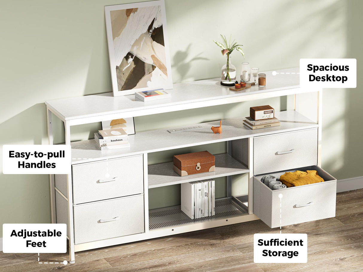 Huuger TV Stand Dresser with Power Outlets and LED Lights, 4 Drawers Entertainment Center with Shelves, 54 Inch Media Console for 55 60 Inch TV, 4 AC Outlets, 2 USBs, Dresser with PU Finish, White Huuger