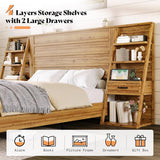 LUXOAK King Bed Frame with Wide Headboard and 4-Tier Bookshelves, Farmhouse Platform Bed with Charging Station & 2 Drawers, Noise-Free, No Box Spring Needed, Natural Oak LUXOAK