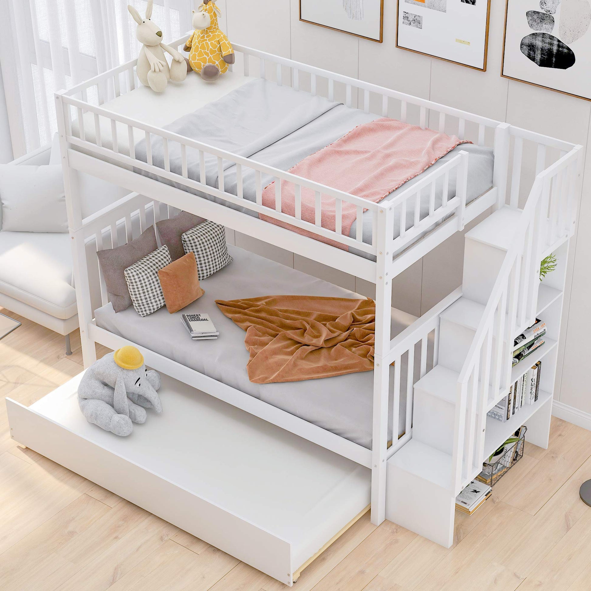 Elegant Twin Over Twin Bunk Bed with Stairs & Trundle - Harper & Bright Designs, White Solid Wood Frame - WoodArtSupply