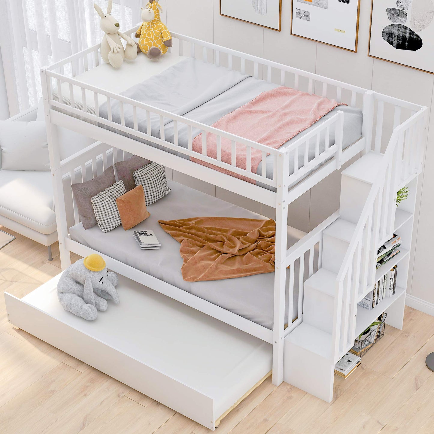 Merax White Twin Over Twin Bunk Bed with Trundle and Storage Staircase - WoodArtSupply