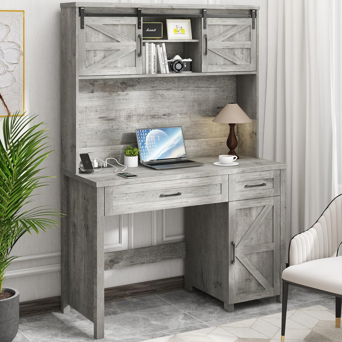 Farmhouse 47" Executive Desk, Computer Desk with Drawers and Storage Cabinet, Workstation Computer Desk with Hutch for Home Office - WoodArtSupply