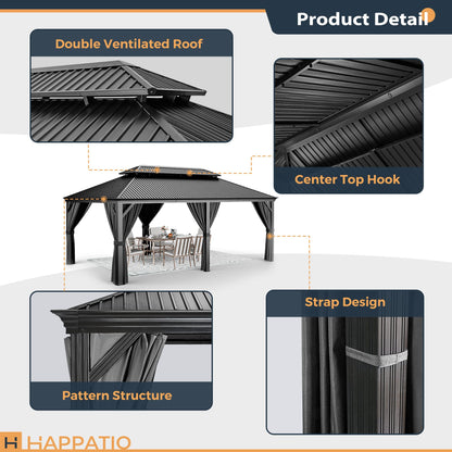 HAPPATIO 12' x 20' Hardtop Gazebo, Outdoor Aluminum Frame Gazebo with Galvanized Steel, Double Roof Permanent Patio Metal Gazebo Canopy with Netting and Curtains for Backyard, Patio, Deck (Gr - WoodArtSupply