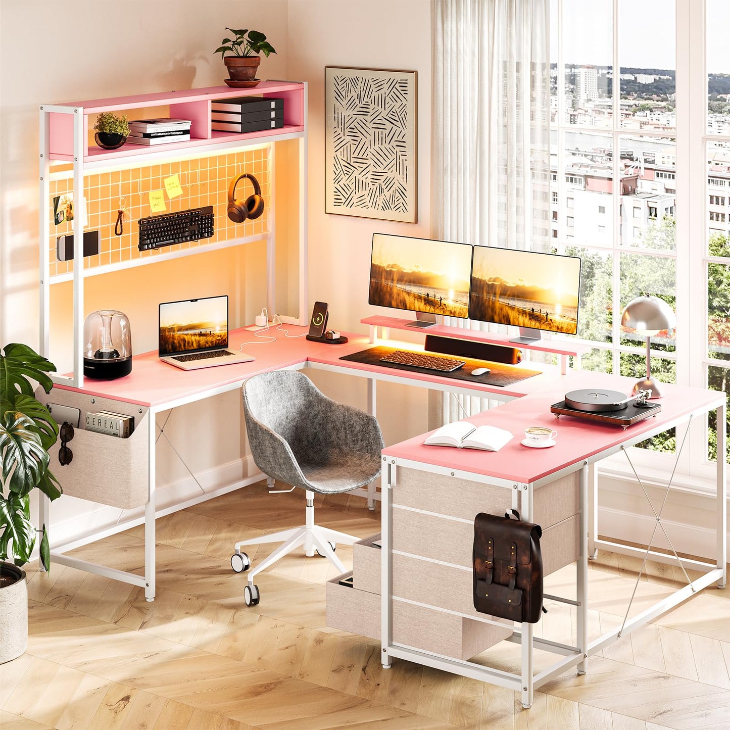 U Shaped Desk with Monitor Stand and LED Lights, U Shaped Gaming Desk with Storage Shelves, Large Computer Desk with Power Outlets, Large Corner Office Desk with 4 Drawers,Pink