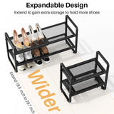 Shoe Rack - Expandable Shoe Organizer for Closet, Adjustable Metal Shoe Shelf Storage, 2 Tier Stackable Long Shoe Stand Holder for Garage, Entryway, Door Entrance, Black SNTD