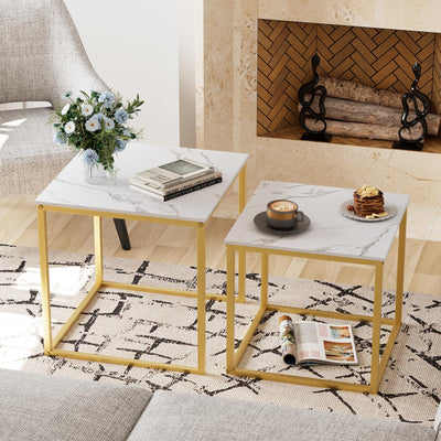 VILAWLENCE Modern Coffee Table Set of 2, Gold Wooden Nesting Side Table, Metal Frame Square End Table, Center Tables for Living Room,Bedroom and Small Spaces
