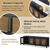 JYED Mid Century Modern TV Stand for TVs up to 75", with Gold Hollow Metal Mesh Decorated, Boho TV Console with Storage Cabinets, Black TV Stand for Living Room, 69.5"x15.6"x24.8" JYED DECOR
