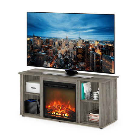 Furinno Jensen Fireplace Entertainment Center TV Stand with Open Storage for TV up to 55 Inch, French Oak Grey Furinno