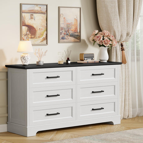 Furmax Farmhouse Dresser for Bedroom, 6 Drawers Dresser, Wood Chest of Drawers, 52" Wide Storage Dressers Organizer for Bedroom, Living Room, White and Black Furmax