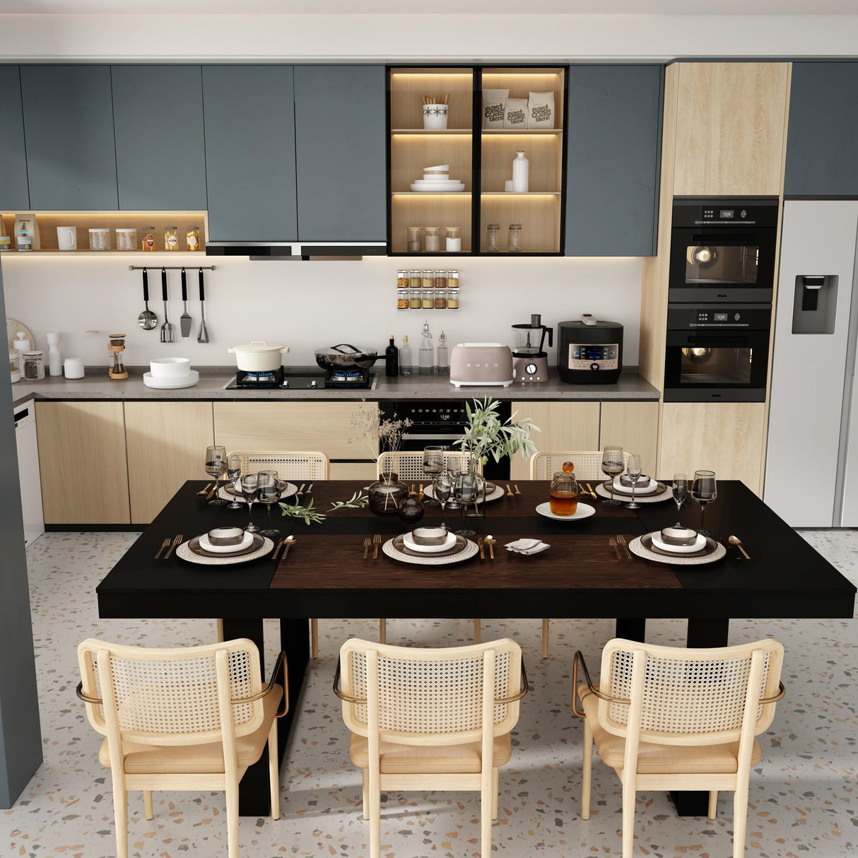 WOODTIME 86.6" W Dining Table for 8-10 People, Versatile Modern Wooden Dinner Table Kitchen Table for Dining Room Conference Room, Black & Brown WOODTIME