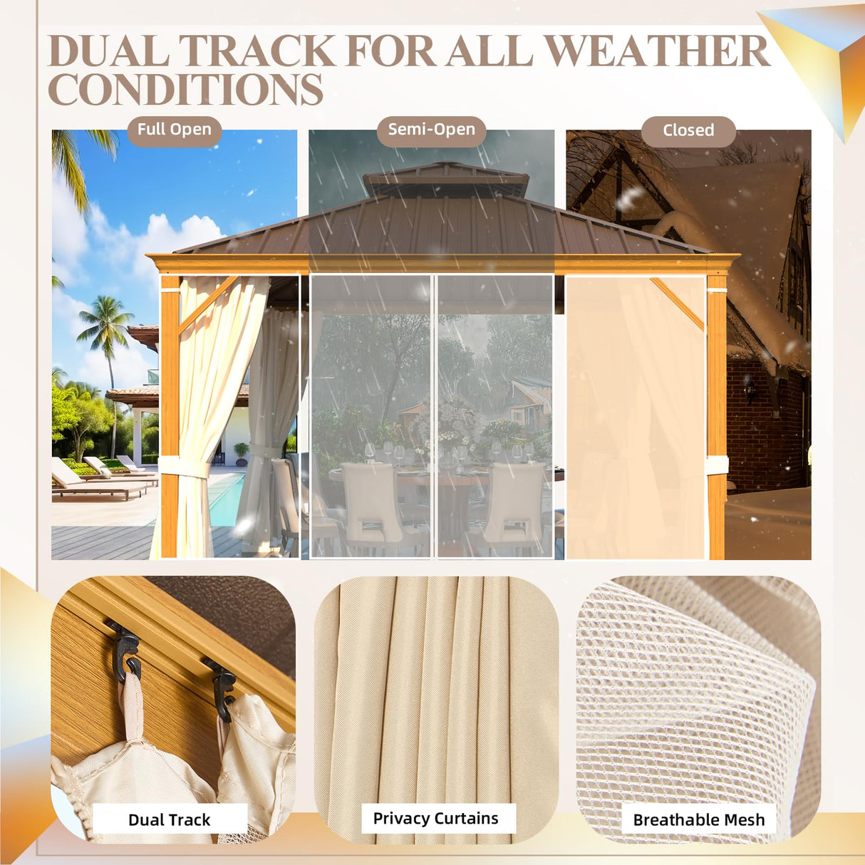 YOLENY 12' x 12' Hardtop Gazebo Faux Wood Grain Metal Gazebo with Aluminum Frame, Galvanized Steel Double Roof, Outdoor Patio Gazebo Pergolas with Netting and Curtains for Backyard, Patio, Lawns YOLENY