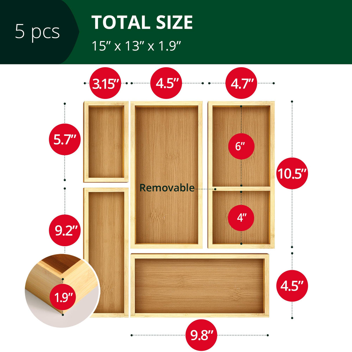 ROYAL CRAFT WOOD 5-Piece Bamboo Drawer Organizer Set – Multi-Use Storage Trays for Kitchen, Bathroom, Office, Makeup, Jewelry & More – Junk Drawer Tray, Utensil Holder, Storage Box & Bin Set (5 Boxes) ROYAL CRAFT WOOD