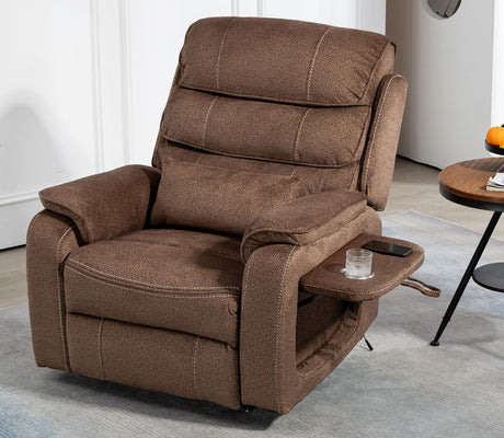 Brown Recliner Chair for Elderly | Tall and Big Man 400lbs | Chenille | Power Lift, Lay Flat, Stand Up, Wireless Charging Device, Extended Footrest, Massage Heat, Cup Holder, Lumbar Pillow LITVZ
