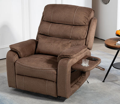 Brown Recliner Chair for Elderly | Tall and Big Man 400lbs | Chenille | Power Lift, Lay Flat, Stand Up, Wireless Charging Device, Extended Footrest, Massage Heat, Cup Holder, Lumbar Pillow