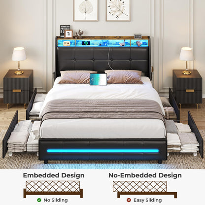 AOGLLATI Queen Bed Frame with LED Storage Headboard and Charging Station - WoodArtSupply