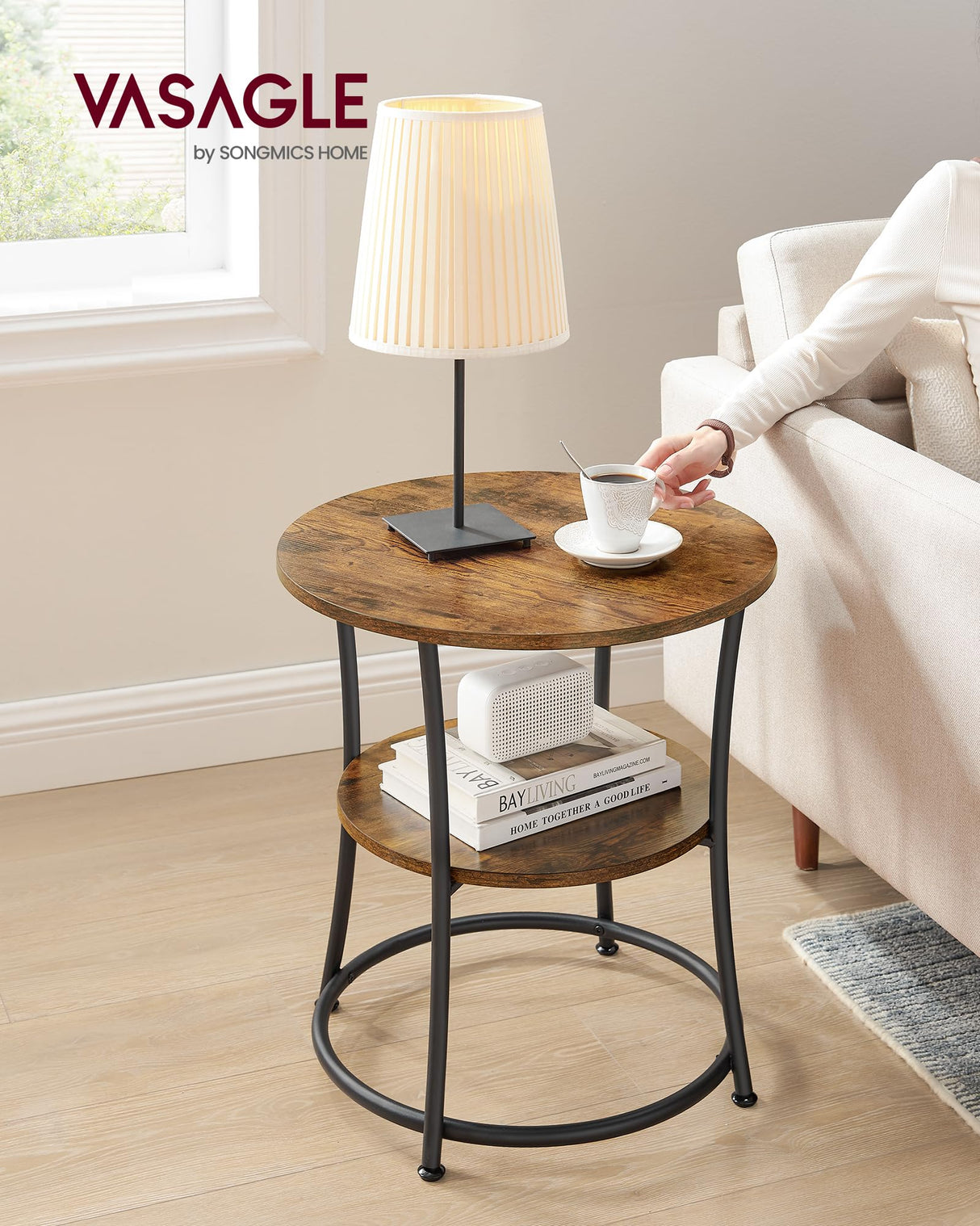 VASAGLE Side Table, Round End Table with 2 Shelves for Living Room, Bedroom, Nightstand with Steel Frame for Small Spaces, Outdoor Accent Coffee Table, Rustic Brown and Black VASAGLE