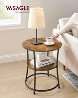 VASAGLE Side Table, Round End Table with 2 Shelves for Living Room, Bedroom, Nightstand with Steel Frame for Small Spaces, Outdoor Accent Coffee Table, Rustic Brown and Black VASAGLE