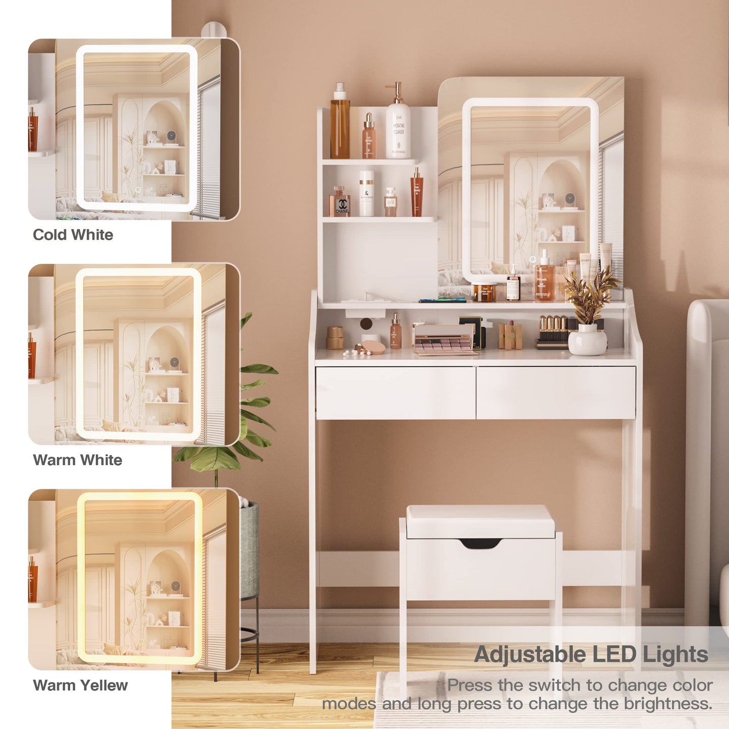 Vabches Vanity Desk with LED Light Mirror and Charging Station 30.3in, Small Vanity Set with 4 Storage Shelves 2 Drawers, Vanity for Girls Women with Storage Stool, Vanity Table for Bedroom (White)