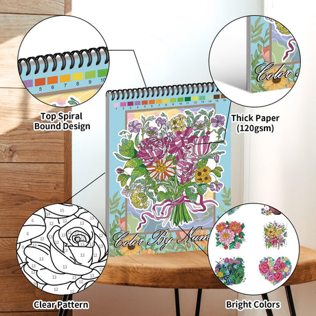Jadeso Color by Numbers Adult Coloring Book, 30 Pages of Beautiful Flowers Patterns, Spiral Bound Coloring Book for Adults Relaxation, Color by Numbers for Adult, Thick Smooth Paper(120gsm) Jadeso