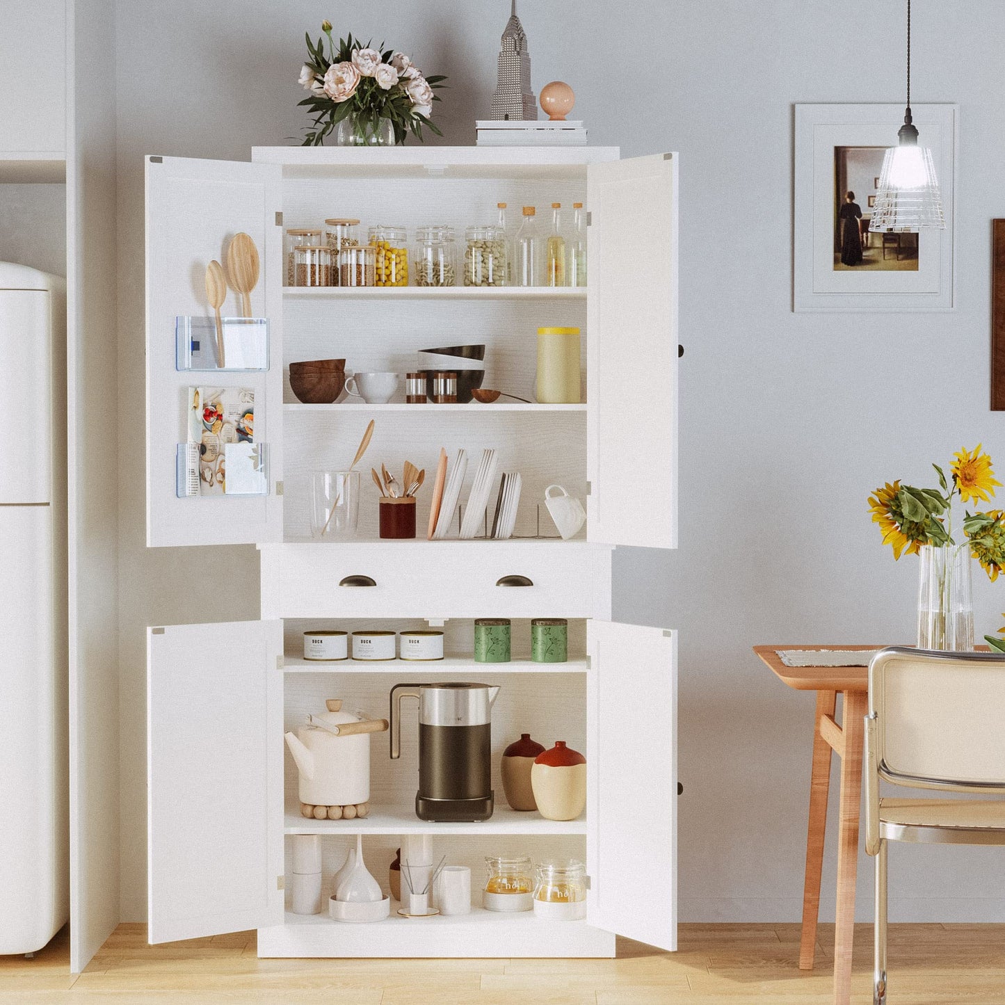 IRONCK Kitchen Pantry Storage Cabinet 72" Height, with Barn Doors, Drawer, 4 Adjustable Shelves, Freestanding Cupboard for Dining Room Living Room,