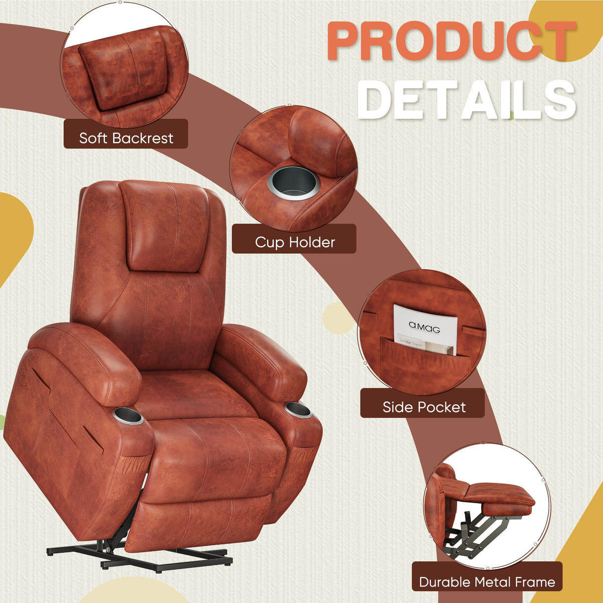 Electric Power Lift Recliner Chair with Massage for Elderly Corduroy Fabric Recliner Single Sofa with Cup Holders, Side Pockets and Remote Control for Living Room Bedroom (Leathaire, Brown) Furmax