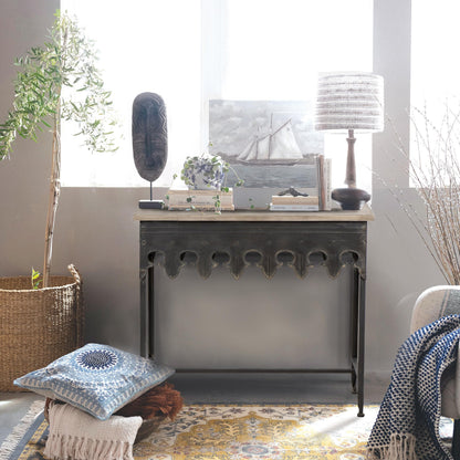 Creative Co-Op Rustic Farmhouse Metal Console Table with Solid Wood Top, Distressed Grey