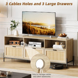 TV Stand for 75 inch TV, Entertainment Center with Storage, 65 Inch TV Console Table with 3 Drawers, Rattan Media Console Cabinet with Metal Legs, Wooden TV Stands for Living Room, Bedroom - Oak IDEALHOUSE