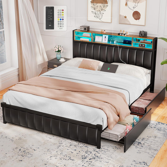 Alohappy Queen Bed Frame with USB Charging, LED Lights & Storage Drawers, Upholstered Platform in Black - WoodArtSupply