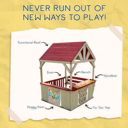 Wooden Playhouse for Kids Outdoor - Funphix Backyard Playhouse with Bench, Sandbox, Tic Tac Toe, Roof, & Doors - ASTM Certified & Easy to Assemble - WoodArtSupply