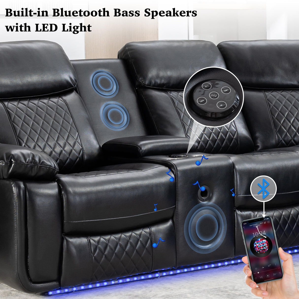 Power Recliner Sectional Sofa Wall Hugger with Bass Speakers,LED Strip,USB Ports,Storage Console,Cup Holders,Faux Leather Reclining Sectional Couch with 2 Recliners for Living Room,5 Seats,Black Comfort Stretch