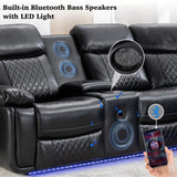 Power Recliner Sectional Sofa Wall Hugger with Bass Speakers,LED Strip,USB Ports,Storage Console,Cup Holders,Faux Leather Reclining Sectional Couch with 2 Recliners for Living Room,5 Seats,Black Comfort Stretch