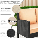 HLNPTN 7 Pieces Patio Conversation Set, Outdoor Furniture Sectional with Throw Pillows and Anti-Slip Cushions, PE Rattan Sofa Set with Dining Table & Ottomans, Khaki HLNPTN