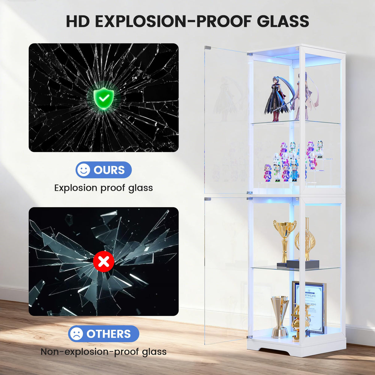 Glass Display Cabinet with Doors, 65" Tall 4-Tier Curio Display Case with 3 Color Lights and Human Body Sensor, Bookcase for Collectibles, White WEQUB