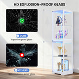 Glass Display Cabinet with Doors, 65" Tall 4-Tier Curio Display Case with 3 Color Lights and Human Body Sensor, Bookcase for Collectibles, White WEQUB