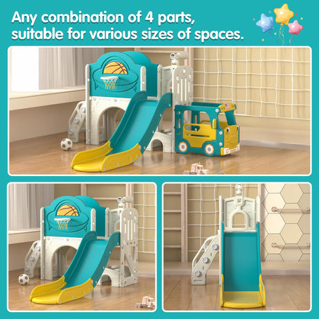 NYEEKOY 9-in-1 Toddler Slide, Bus-Themed Baby Slide and Climber Playset with Basketball Hoop, Ring-Toss, Car Playhouse, Kids Indoor and Outdoor Playground Nyeekoy