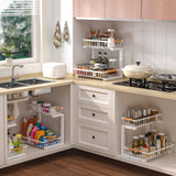 Liuoud Under Sink Organizer 2 pack, 2 Tier Slide Out Under Sink Organizers And Storage, Height Adjustable Pull Out Cabinet Organizer Drawers, Kitchen Bathroom Metal Sink Storage Shelves, White Liuoud