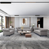 RUSTYER Chesterfield 3 Seater Sofa, Modern Velvet Tufted Couch 3 Seater with Rolled Arms and Nailhead Mid-Century Upholstered Couch for Living Room, Bedroom, Apartment and Office, Grey RUSTYER