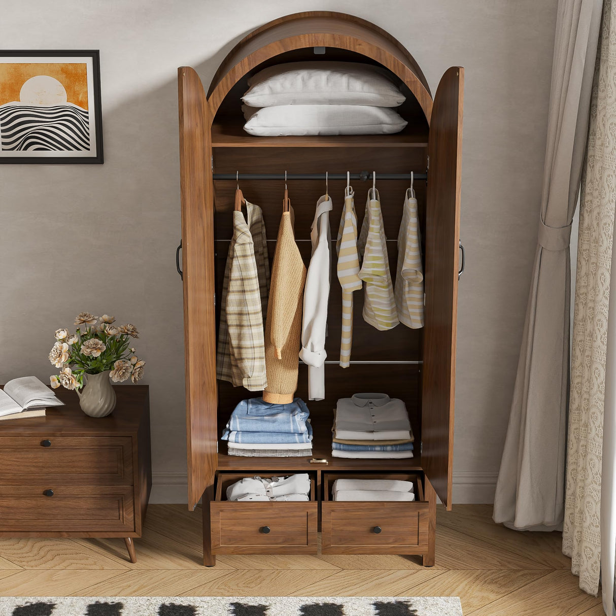 Lxsxlome Wardrobe Closet, Armoire Wardrobe Closet with Drawers and 2 Arched Fluted Doors, 70.87‘’ Tall Wooden Bedroom Armoires with Shelves and Hanging Rod (Walnut-2) Lxsxlome