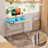 SOROGRA Small Folding Desk 31.5 Inch, Foldable Computer Desks with LED Lights and Monitor Stand, Work Portable Table for Bedroom Home Office, Oak SOROGRA
