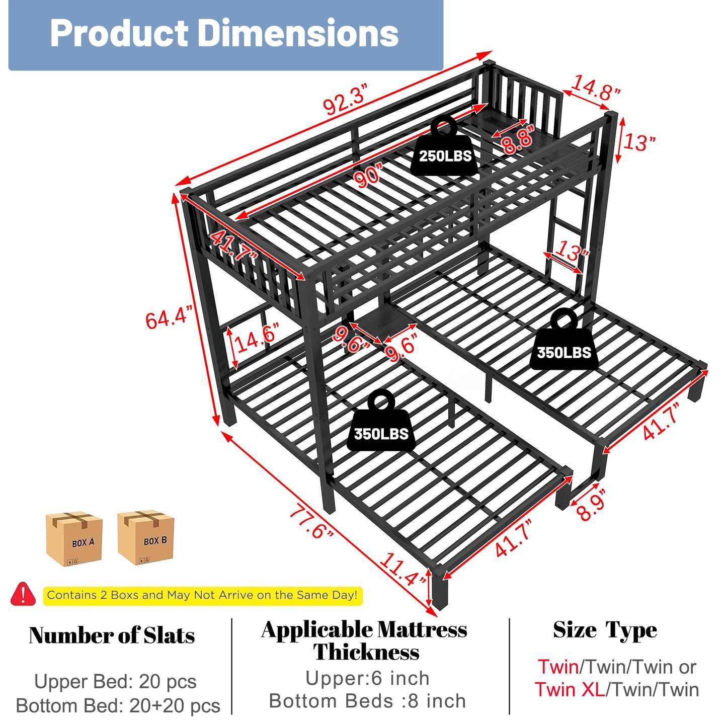 Triple Bunk Bed for Kids with LED Light ,Metal Heavy Duty 3 Bunk Beds with Charge Station & Storage Shelf, Convertible Three Bunk Beds for Girls Boys Teens,Can be Separated into 3 Beds , Black