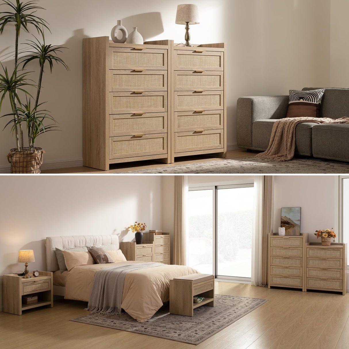 SICOTAS Dresser for Bedroom Chest of Drawers 46" Tall Dresser for Closet with 5 Rattan Drawers Boho Night Stand Large Clothes Storage Cabinet for Living Room Hallway Nursery Entryway SICOTAS