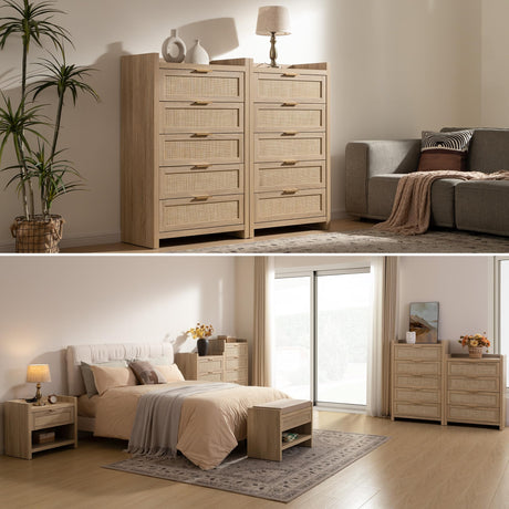 SICOTAS Dresser for Bedroom Chest of Drawers 46" Tall Dresser for Closet with 5 Rattan Drawers Boho Night Stand Large Clothes Storage Cabinet for Living Room Hallway Nursery Entryway SICOTAS