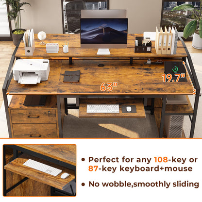 SEDETA 63" Computer Desk, Office Desk with Lock Drawers for Legal/Letter File, Gaming Desk with LED Light & Power Outlet, Home Office Desks for Printer, Rustic Brown - WoodArtSupply