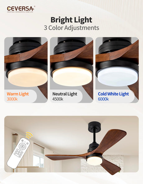 Ceversa 42 Inch Solid Wood Ceiling Fan with Light and Remote Control,3 Blades Craftmade Modern Ceiling Fan Quiet for Living Room Bedroom Farmhouse Indoor Outdoor Ceversa