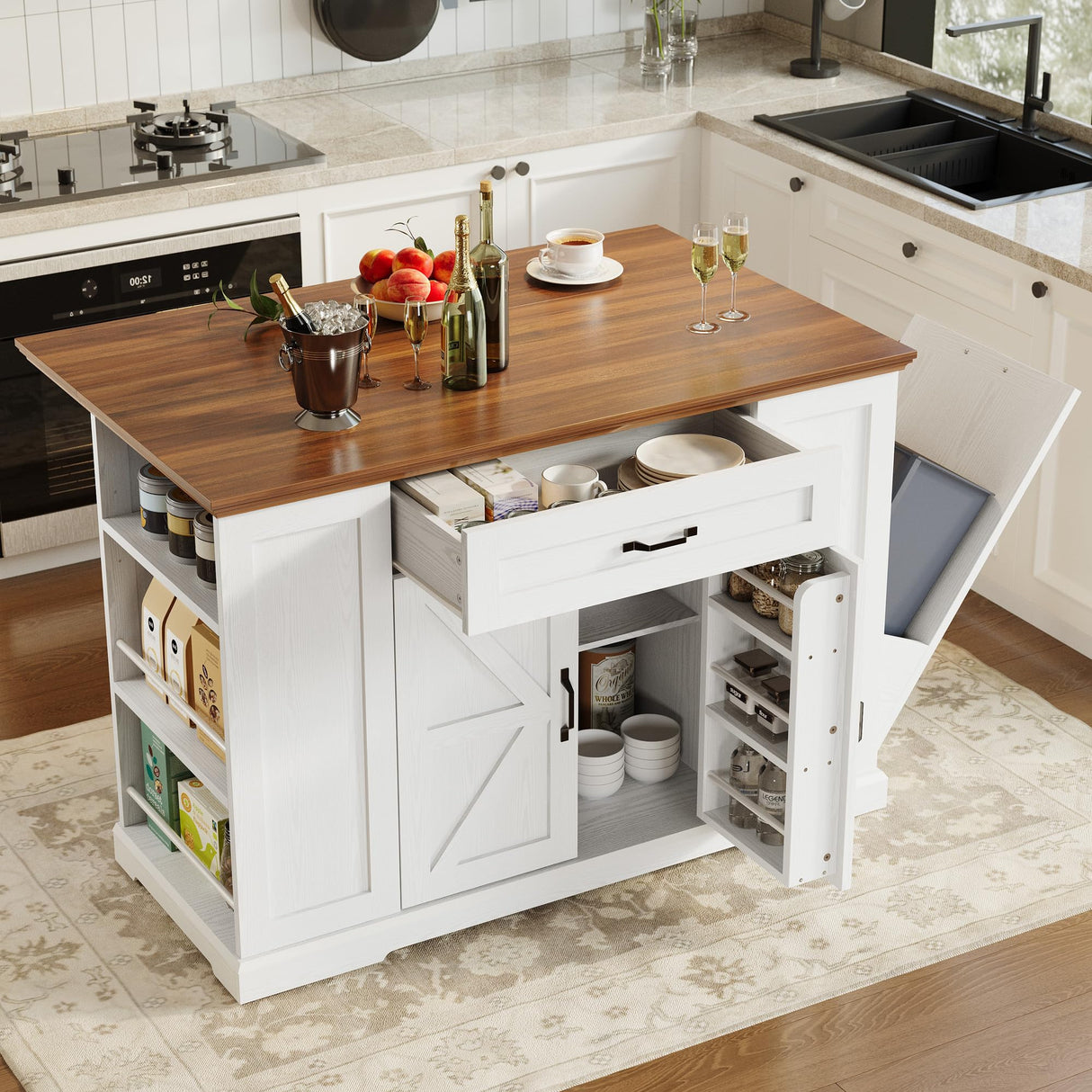 IRONCK Kitchen Island with Storage, Rolling Island Table on Wheels with Cart Drop Leaf and Trash Can Storage, Portable Islands Table for Dining Room, Living Room, White IRONCK