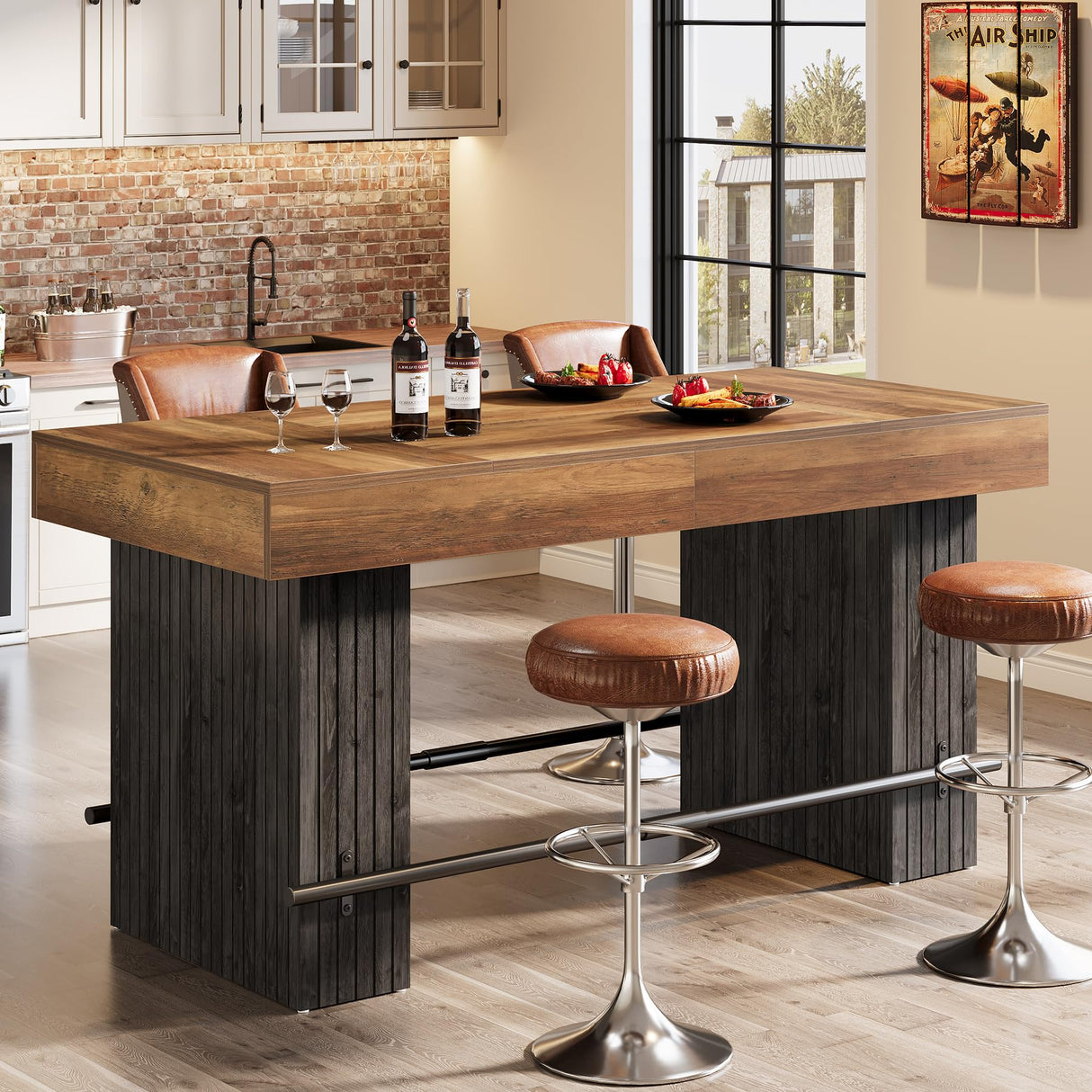 Tribesigns 63 Inch Bar Table, Industrial Counter Height Pub Dining Table, Rectangular Home Bar Units with Metal Footrest for Home Kitchen, Dining Room, Bistro Tribesigns