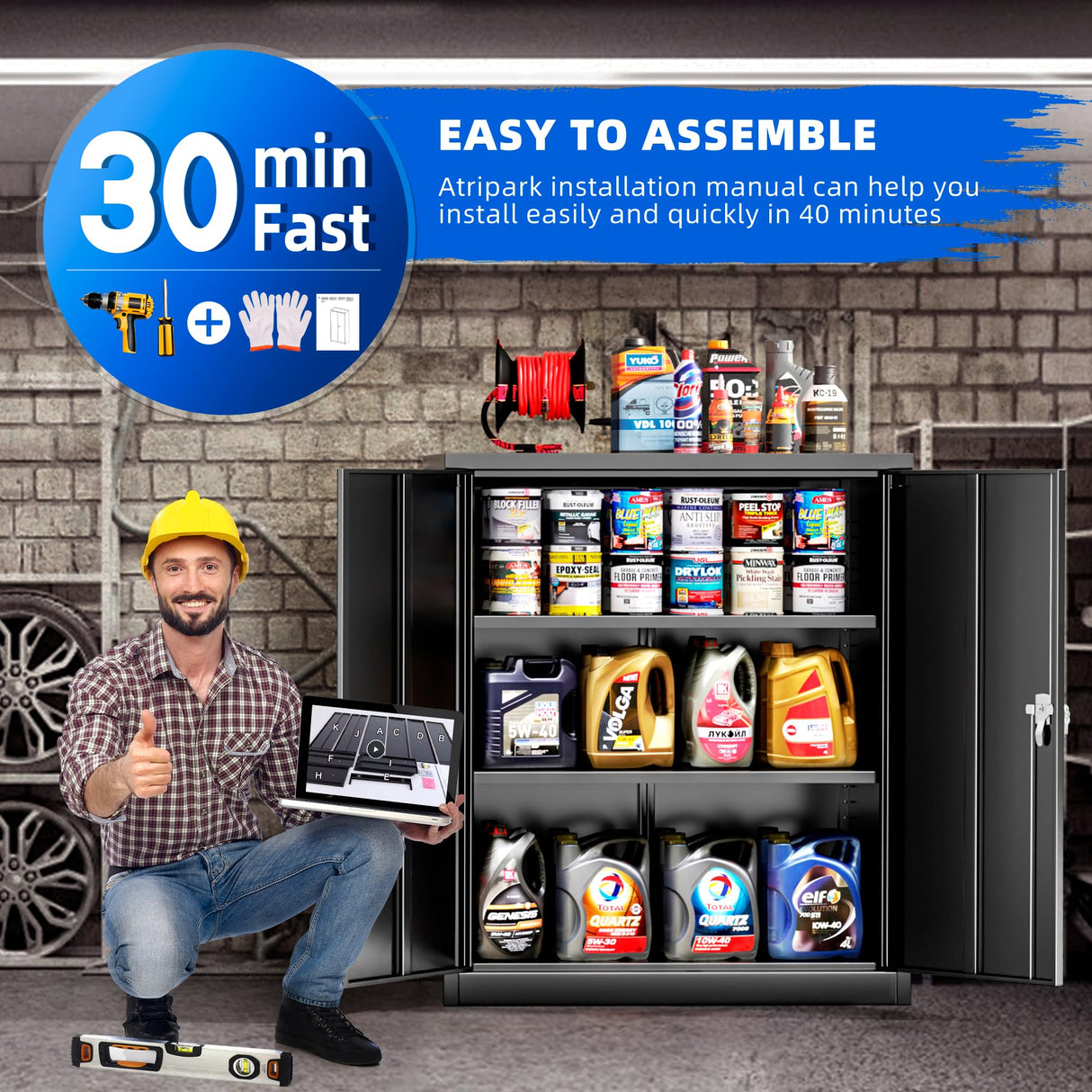 Pataku Locking Cabinet, Metal Storage Cabinets with Doors and Adjustment Shelves, 36" Garage Cabinets with Lock for Home, Office, File Pantry, Kitchen - Black Pataku